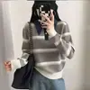 2026 Novo Suéter de Tricô Listrado Estilo Coreano com Gola Jeans para Mulheres Primavera e Outono Blusa Solta para Mulheres