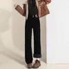 Jeans Simples de Cintura Alta com Botão Duplo e Barra Larga para Mulheres Outono e Inverno Novo Estilo Jeans Espesso com Pelúcia Solto Comprimento Total