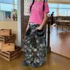 Calça Jeans Estampada Camuflagem Estrela Atravessia Atacado Feminina Bolso Bordado Cor Contrastante Design Versátil Calça Longa Wide-Leg