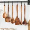 Espátula Pequeña de Madera de Acacia, Espátula de Madera para Sartén Antiadherente, Cuchara Sopera de Madera con Mango Largo, Cuchara Pequeña de Madera para Arroz, Juego de Espumadera para Fideos de Madera de Teca