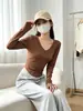 Camiseta de Manga Larga Ajustada con Cuello en V Estilo Puro Deseo para Mujer, Top Sexy Chic con Dobladillo en Forma de U para Otoño e Invierno, Camiseta Básica Capa Interior