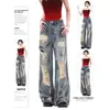 Diseño de Calle Jeans Rotos Mujer Otoño Retro Talla Grande Cintura Alta Petite Caída Teñido Sucio Pantalones de Longitud Completa