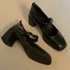 Versión de Cuero Suave~Zapatos de Mujer Estilo Retro Coreano Francés con Tacón Grueso Cómodos, Zapatos Mary Jane Negros de Punta Cuadrada