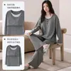 Pijama feminino 100% algodão, de manga comprida e perna comprida, com bojos embutidos no peito, adequado para usar como roupa externa, conjunto casual de duas peças, roupa de ficar em casa plus size