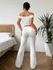 Conjunto Transfronteiriço Europeu e Americano Amazon 2025 Cor Pura Ombro Único Plissado Camiseta Calça Boca de Sino Conjunto de Duas Peças para Mulheres