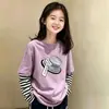 Camiseta de algodón puro para niña, estilo dos piezas falsas, manga larga, primavera y otoño, estilo coreano, camiseta básica elegante para niños mayores, top de moda infantil