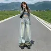 Jeans Tendência Marca Nova Americano Retrô Estampa de Leopardo Patchwork Corte Curvo para Mulheres, Calças Largas Casuais da Moda