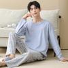 Pijama de Algodón Puro para Hombre Otoño e Invierno 2025 Nuevo Cuello Redondo Manga Larga Pantalones Traje Sencillo para el Hogar Se Puede Usar Afuera