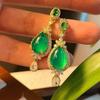 Aretes Clásicos Largos Verdes Hielo Completo Diamante con Calcedonia Verde Natural Aretes Nuevo Estilo Chino Vintage