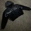 Moletom com Capuz Casual Solto Unissex Estilo Americano Comércio Exterior Estampa de Letras com Strass Gótico Rua Escura Harajuku Zíper
