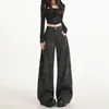 Jeans de Trabajo Estampados Negros para Mujer Otoño Invierno Nueva Llegada Diseño de Nicho Cintura Alta Holgados Deconstruidos Saber Pantalones de Pierna Ancha