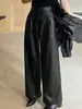 Pantalones de alta gama nuevos de corte ajustado para mujeres petite, pantalones negros casuales minimalistas de cintura alta de pierna ancha con pliegues para ir al trabajo