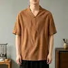 Camiseta masculina de manga curta, camisa básica retrô estilo chinês de verão, roupa Zen para leigos, blusa estilo chinês com decote em V, Hanfu de meia-manga