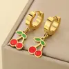 Série de Frutas Frescas e Doces Criativas Estilosas Pingente de Cereja Vermelha Morango com Óleo Gotejante Brincos de Aço Inoxidável