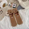 Meias de Lã Coral Outono e Inverno para Mulheres, Meias Quentes Espessas Macias para Maternidade, Meias para Chão de Casa, Meias com Estampa de Urso Cachecol