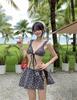 Bikini Floral Dulce, Aroma Pequeño, Top Tipo Tubo, Hombro Descubierto Sexy con Abertura, Traje de Baño de Tres Piezas, Traje de Baño para Mujer
