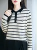 Suéter de polo de lana fina con rayas de bloques de color y bordado exquisito, top versátil y elegante para primavera y otoño