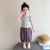 Conjunto de 2 piezas de tirantes acanalados casuales y elegantes para niñas, conjunto de verano fino para niñas pequeñas