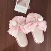 Pantufas de Casa Fofas Estilo Fada com Laço de Tulipa, Solado Macio Antiderrapante para Mulheres, Adequadas para Todas as Estações, Pantufas Silenciosas de Linho