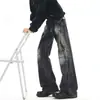 Calça jeans flare com lavagem padrão raio estilo streetwear americano para homens e mulheres, modelagem solta, calça reta legal com visual vintage para o outono