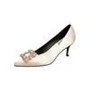 Versión de Piel de Oveja Primavera y Otoño Hebilla Cuadrada Baja de Satén Tacones de Aguja con Pedrería Zapatos de Boda para Mujer Punta Fina Zapatos para Dama de Honor