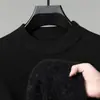 Suéter Masculino de Gola Redonda Liso Espesso Quente de Tricô Novo Casual Solto Camada Base com Forro de Lã Top