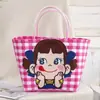 Bolsa Tecida Desenho Animado Fofo Xadrez Pequeno Fresco Bolsa Plástica Tecida DIY Cesta de Legumes Bolsa Venda por Atacado em Estoque