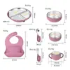 Ventas Directas de Fábrica Acero Inoxidable Silicona Vajilla Infantil Plato de Cena de Silicona Bol Tenedor Cuchara Babero Vajilla Set de Vajilla para Bebé