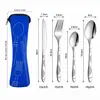 Set de cubiertos de acero inoxidable de tres piezas para Amazon, que incluye cuchillo para bistec, tenedor y cuchara, en una bolsa de tela creativa, adecuado para estudiantes y uso al aire libre