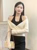 Suéter de punto de cuello en V suave y amigable con la piel, de dos piezas falsas, para mujer en otoño e invierno, con costuras de color contrastante, top básico suave y cómodo