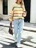 Suéter de punto de color bloqueado para mujer transfronterizo de primavera y otoño, agradable para la piel, adecuado para el uso diario, suave y acogedor, cuello redondo, versátil, top de moda