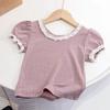 Punto de Verano para Niñas Camiseta Dulce con Cuello de Encaje Corte Calado Manga Corta Abullonada Estilo K