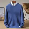 Nuevo suéter casual para hombre 100% lana pura, cuello redondo, color liso, tejido grueso, elegante y rejuvenecedor