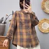 Nova Camisa Feminina Versátil de Algodão Puro Xadrez de Manga Longa com Lapela de Botão Único para Primavera e Outono Camisa Transfronteiriça Slimming de Nicho