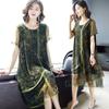 Gongyu Weng Vestido vintage de malha com costura, vestido feminino de verão, novo, solto, plus size, comprimento médio, chiffon