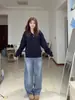 Jaqueta corta-vento curta azul marinho para mulheres, cardigã com capuz estilo coreano para o início do outono, blusa de primavera com ombro normal