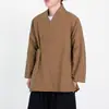 Chaqueta cárdigan sin botones de estilo chino con cuello diagonal, bata holgada de algodón y lino para hombre, ropa exterior casual Hanfu de estilo chino nuevo retro