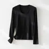 [Básicos Estilo Coreano] Tricô de Manga Longa com Gola U, Cor Sólida, Stretch, Caimento Slim, Emagrecimento e Confortável, Camada de Base Regular nos Ombros