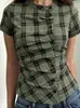 Camisa de cuadros estilo INS coreano para mujer, con cuello mao, manga corta, cintura ceñida, amarre en la espalda, mangas abullonadas y diseño entallado con botones, para uso transfronterizo.