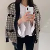 Cardigan de Punto con Estilo Chic Coreano Versátil Simple Aroma Ligero Estampado a Cuadros de Contraste de Botones Sencillos Chaqueta de Punto de Manga Larga para Mujer