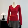Elegante suéter fino de punto con cuello en V, de manga larga, ropa de mujer para principios de otoño, nuevo en 2026, ajuste ceñido, top fino de punto adelgazante
