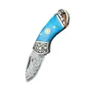 Faca Dobrável de Aço Damasco com Cabo de Turquesa Azul Transfronteiriça Faca Afiada para Frutas Mini Faca Faca de Chaveiro Faca de Bolso