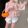 Conjunto de Verano para Niñas de Dos Piezas Bebé Elegante Infantil Moderno Coreano Floral Pastel Tirantes Encaje Shorts