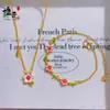 Conjunto de Melocotón Esmaltado Estilo Antiguo Super Hada con Oro Arena y Azul Quemado - Collar, Pulsera, Anillo y Pendientes de Flor de Melocotón - Regalo de Alta Gama