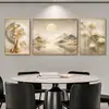 Pintura decorativa color champán dorado apagado, arte de pared moderno de lujo ligero con paisaje y plantas para sala de estar, aleación de aluminio con película de cristal, directo de fábrica