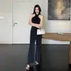 Comércio exterior mulheres foto real! Macacão Preto de Gola Alta Sem Mangas com Calça Larga de Cintura Alta Cool Elegante