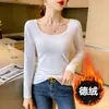 Camiseta Térmica de Lã Dupla Face para Mulheres, Novo Estilo Outono, Forrada com Lã e Espessada, Camiseta de Manga Longa com Gola U, Top Quente de Gola Baixa Escovado