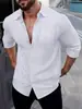 Camisa de Linho Masculina Outono Transfronteiriça Amazon 2026, Manga Longa, Gola Reversível, Respirável, Casual, com Bolsos