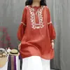 Camiseta Fina com Gola Redonda, Blusa de Manga Longa de Comprimento Médio para Mulheres, Estilo Étnico, Novo Estilo de Verão, Solta de Algodão e Linho, Roupa de Chá Manga Longa
