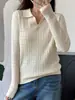 Outono e Inverno Algodão Puro Estilo Coreano Gola Pequena Torcido Suéter Feminino Camisa de Base Tricô Versátil Gola Polo Decote V Tricô